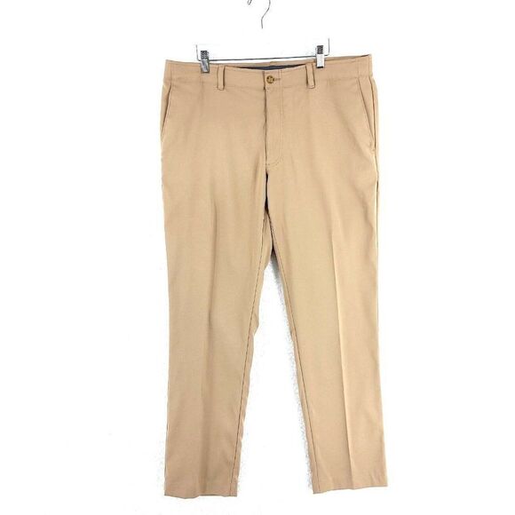 PGA Tour Tan Flat Front Dress Pants Polyester Elastic Waist Mid Rise 37/32 - Picture 1 of 7